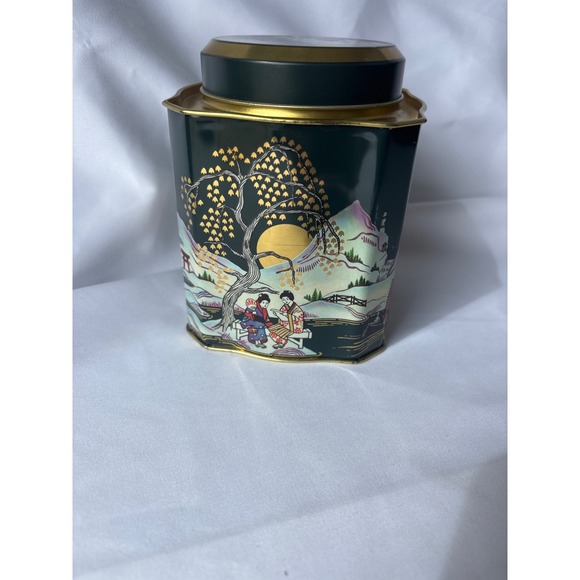 Vintage Chinoiserie Metal Tea Tin Green Gold Pagoda Landscape Storage Canister - Picture 3 of 8